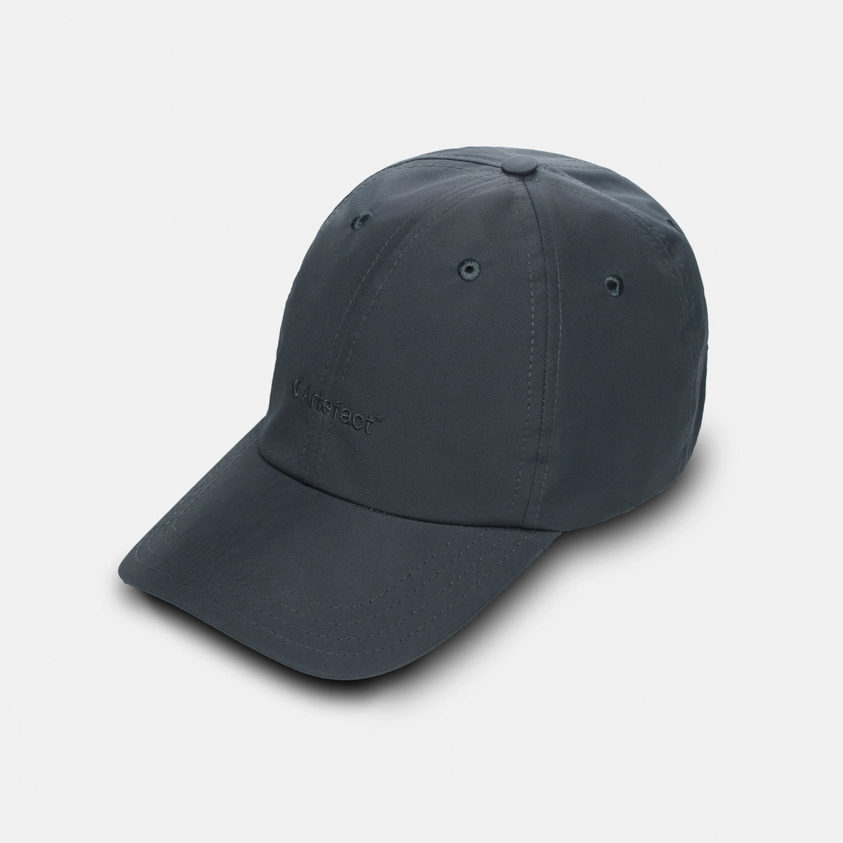 Casquette 6-Panel Stratus bleu-gris upcyclée, vue de trois quarts
