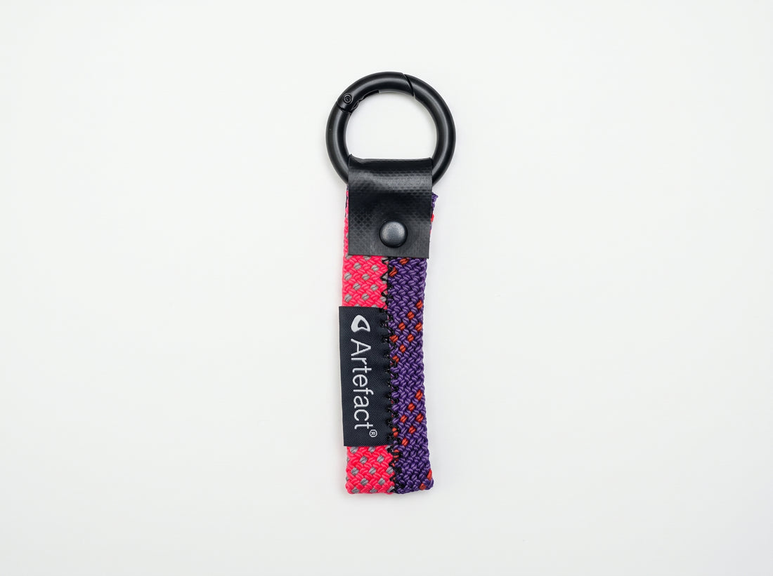 Upcycled climbing rope keyring, mostly pink with purple